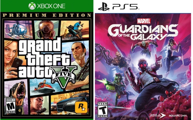 Grand Theft Auto V Premium Edition Game for Xbox One on the Left and the Marvels Guardians of the Galaxy Game for PlayStation 5 on the Right