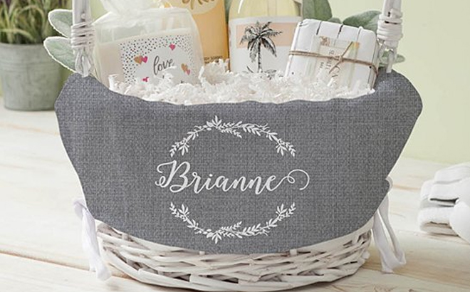 Gray Name Collapsible Handle Personalized Lined Wicker Basket