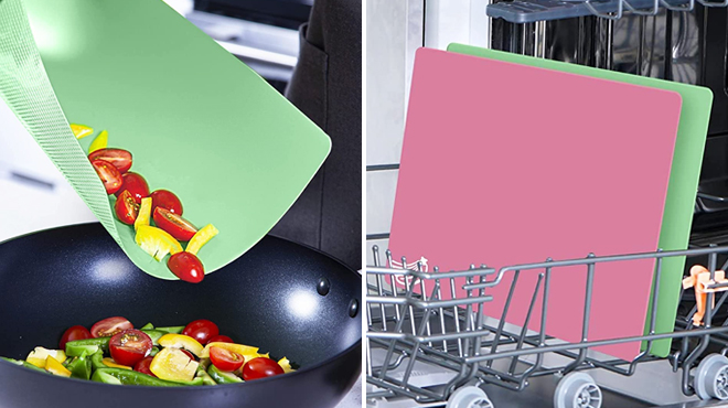 Green Flexible Plastic Cutting Board Mats With Food on the Left and Two Cutting Boards in a Rack on the Right