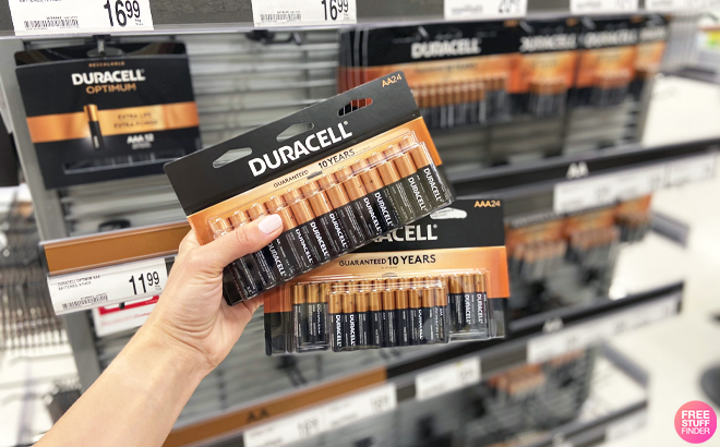 Hand Holding Duracell Coppertop AA AAA Batteries 24 Pack