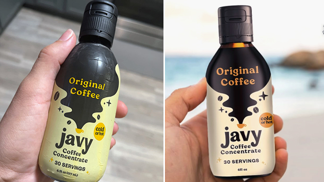 Hand holding Javy Coffee Cold Brew Coffee Concentrate bottle 6 Ounce 1
