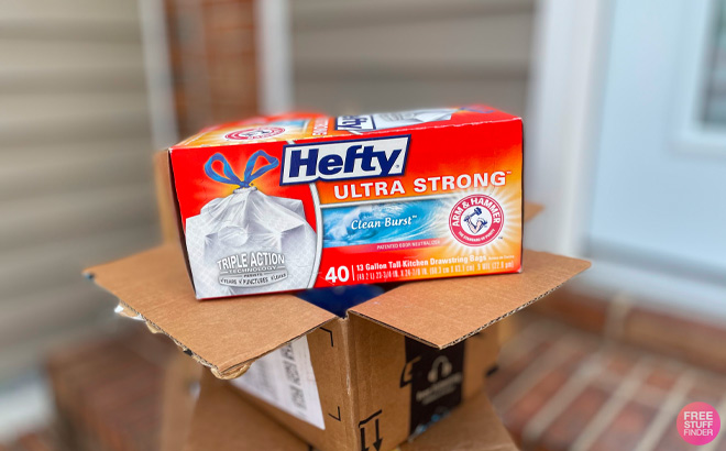 Hefty Ultra Strong Clean Burst Trash Bags 40 Count on an Amazon Box