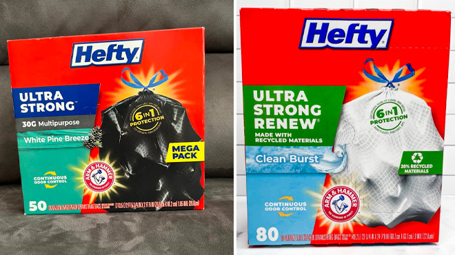 Hefty Ultra Strong Pine Breeze 50 Count and Renew Clean Burst 80 Count Trash Bags