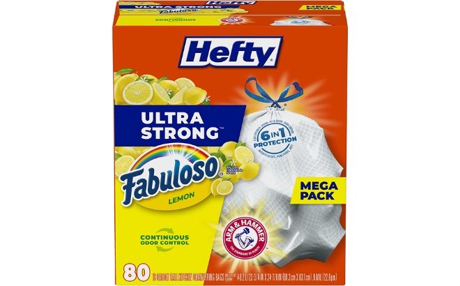 Hefty Ultra Strong Tall Kitchen Trash Bags 80 Count Lemon Scent on a White Background