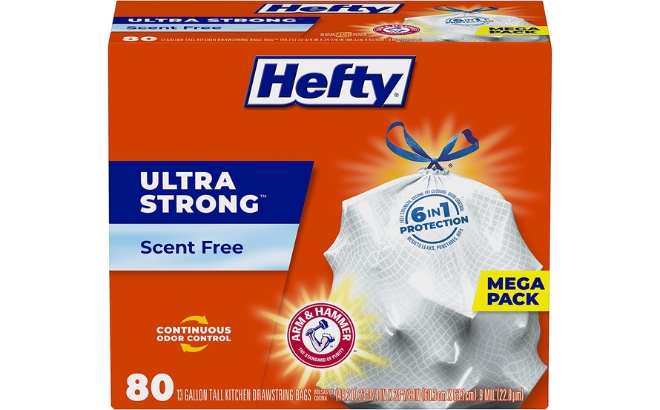 Hefty Ultra Strong Tall Kitchen Trash Bags 80 Count Unscented on a White Background