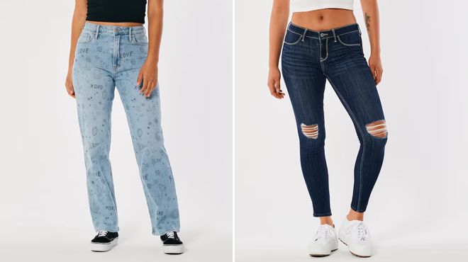 Hollister Ultra High Rise Medium Wash Doodle Dad Jeans and Low Rise Ripped Medium Wash Jean Leggings