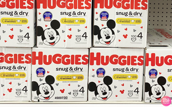 Huggies Snug Dry Baby Diapers 100 Count on a Shelf