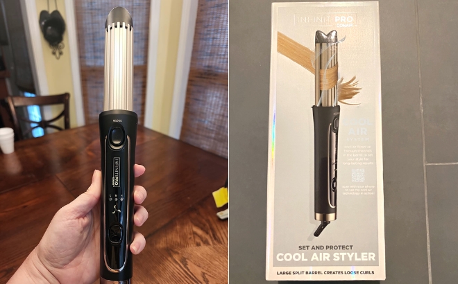 InfinitiPro by Conair Cool Air Curling Iron Held in Hand on the Left and One in a Box on the Right