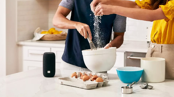 JBL Link Portable on a Kitchen Desk JBL Link Portable on a Kitchen Desk