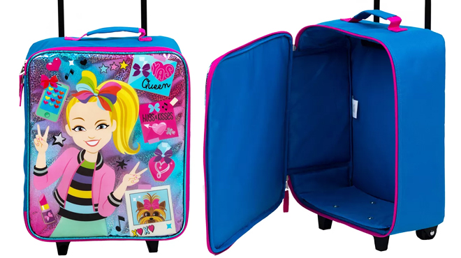 Jojo Siwa Kids 14 Inch Carry On Luggage on the Left and Inside View of Same Item on the Right