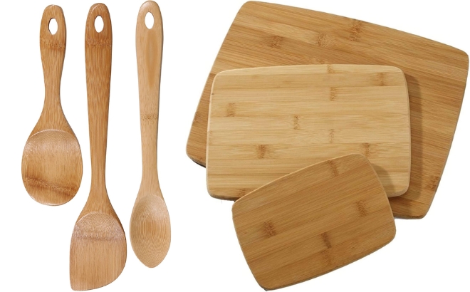 Joyce Chen 3 Piece Bamboo Stir Fry Set on the Left and the Farberware 3 Piece Kitchen Cutting Board Set on the Right