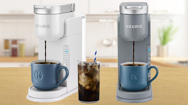 Keurig K Iced Coffee Makers in White and Gray Colors on a Kitchen Countertop