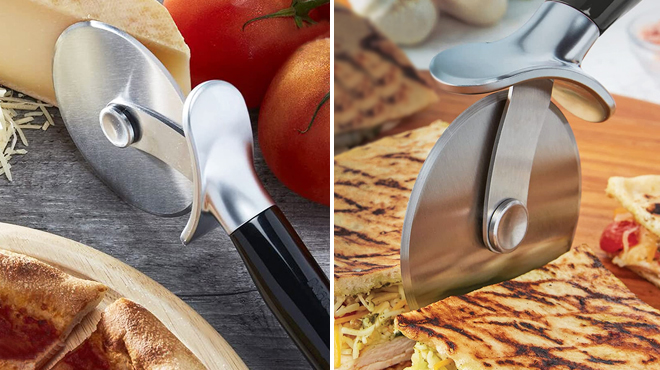 KitchenAid Classic Pizza Wheel Cutter on a Table with Foods on the Left and Same Item Cutting a Quesadilla on the Right