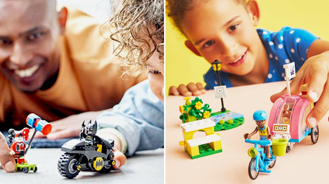 LEGO DC Batman Versus Harley Quinn Superhero Action Figure Set and LEGO Friends Dog Rescue Bike Toy Set