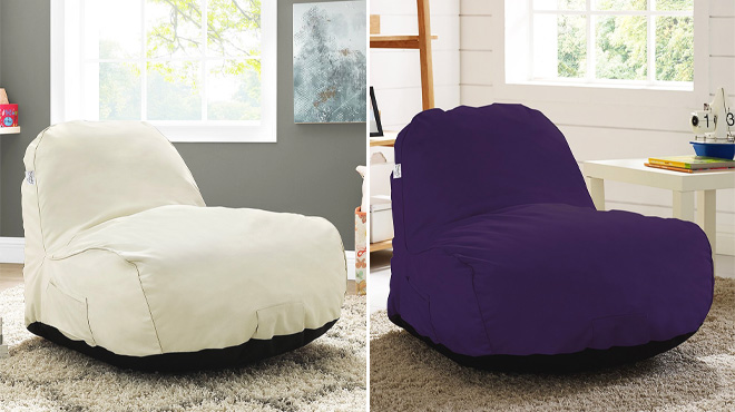 Beige Loungie Bean Bag Chair on the Left, and color Purple on the Right