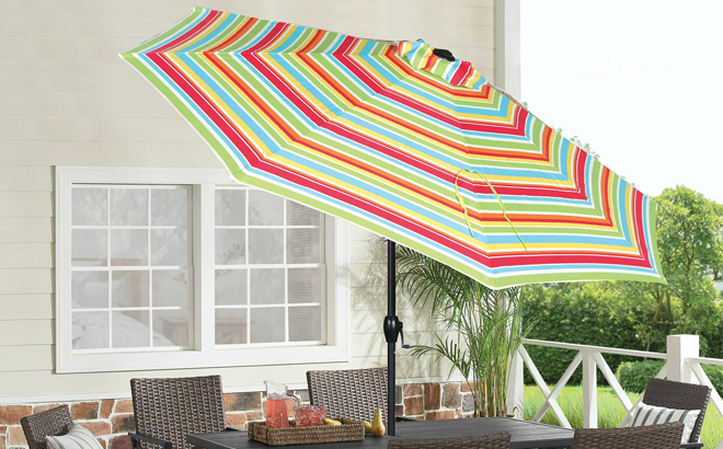 Mainstays 9ft Multi Stripe Round Outdoor Tilting Market Patio Umbrella with Crank