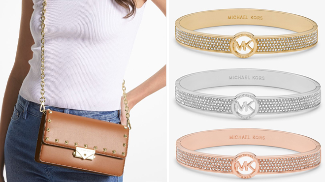 Michael Kors Cece Studded Clutch on the Left and Michael Kors Greenwich Tri Tone Logo Bangles on the Right Michael Kors Cece Studded Clutch on the Left and Michael Kors Greenwich Tri Tone Logo Bangles on the Right