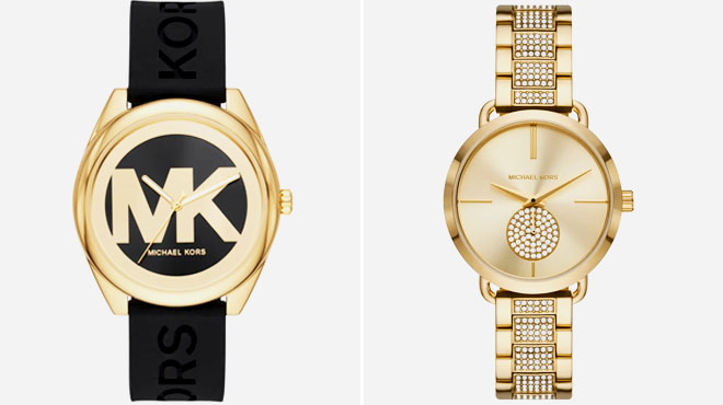 Michael Kors Womens Janelle Gold Tone Silicone Strap Watch And Michael Kors Portia Bracelet Watch