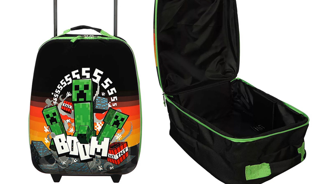 Minecraft Creeper Kids Luggage on the Left and Open Bag View of Same Item on the Right