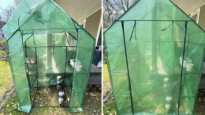 Mini Portable Greenhouse With Open Door on the Left and Same Greenhouse With Close Door on the Right