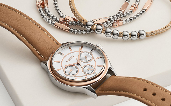 Modern Sophisticate Multifunction Tan Leather Watch And Jewelry Gift Set