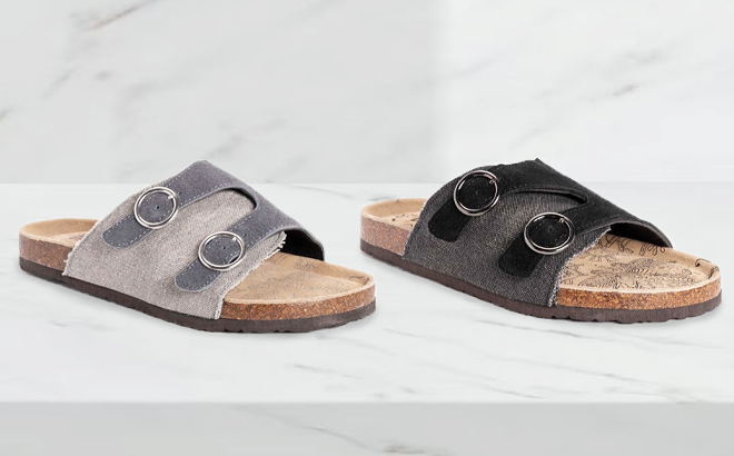 Muk Luks Valerie Terra Turf Suede Sandal Gray Buckle Accent and Black Buckle Accent