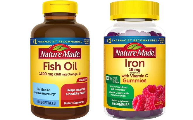 Nature Made Fish Oil 1200 mg Softgels 150 Count Bottle on the Left and the Nature Made Iron with Vitamin C 60 Count Gummies on the Right