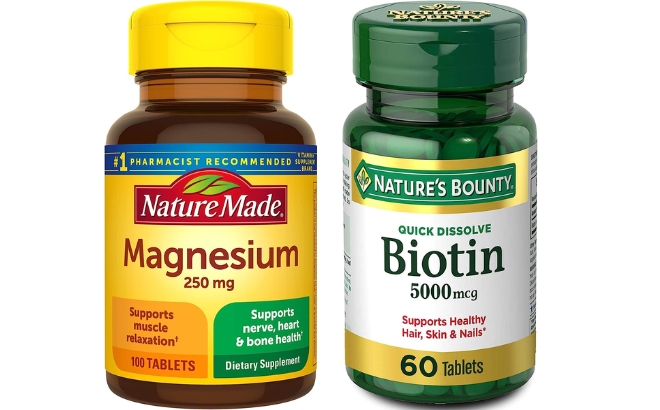 Nature Made Magnesium Oxide 250 mg 100 Count Bottle on the Left and the Biotin by Natures Bounty 60 Count Bottle on the Right