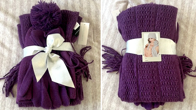 New York Company 3 Piece Cable Knit Scarf Gloves and Hat Set in Blackberry Cordial Color