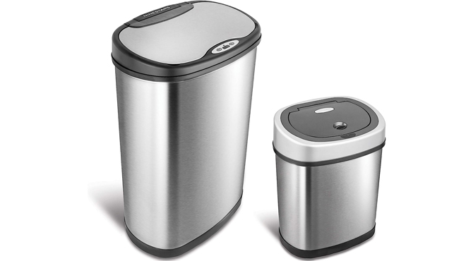 Ninestars Automatic Touchless Trash Can Set Showing Both Trash Cans