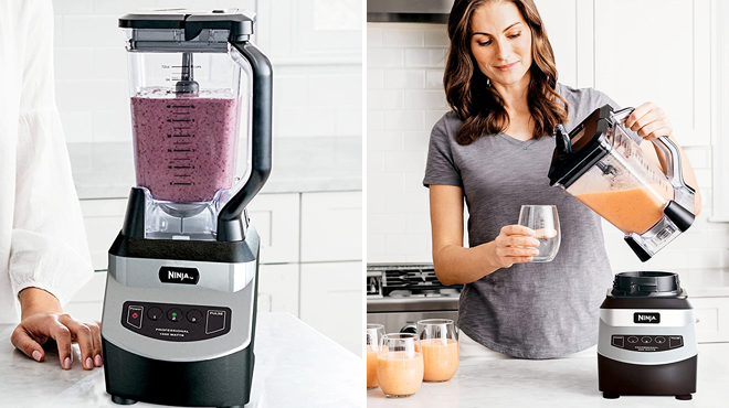 Ninja Professional Blender on a Countertop on the Left and a Woman Holding the Same Blender Pouring Drinks on the Right