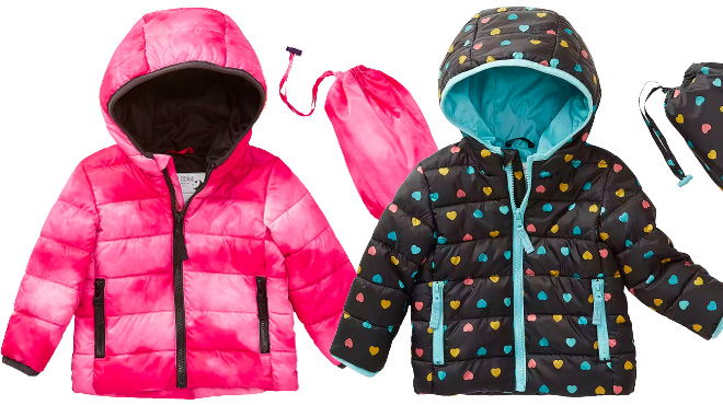 Okie Dokie Baby Pink and Black Ditsy Puffer Jackets