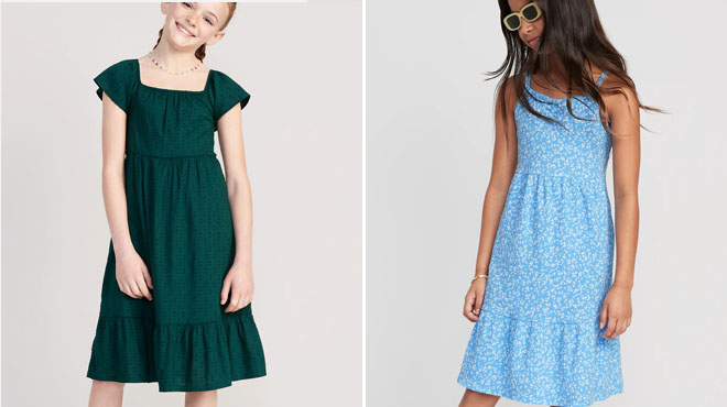 Old Navy Girls Flutter Sleeve Clip Dot Fit Flare Midi Dress and Old Navy Girls Sleeveless Printed Rib Knit Swing Dress