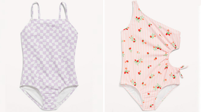 Old Navy Girls Purple Check and Strawberries Swimsuit