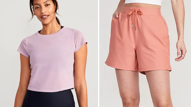 Old Navy Womens Cropped Mesh T Shirt on the Left and Old Navy Womens High Waisted Shorts on the Right