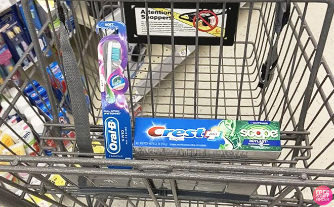 Oral B Toothbrush and Crest Toothpaste in a cart at Walgreens