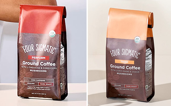 Organic High Caffeine Coffee by Four Sigmatic Dark Roast Extra Strong Ground Coffee and Organic Mushroom Ground Coffee Dark Roast