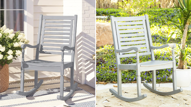 Outdoor Jarrard Rocking Solid Wood Chair on the Left and the Same Chair on the Right