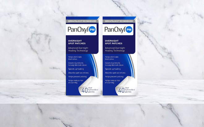 PanOxyl PM Overnight Spot Patches 40 Count Box on a Marble Shelf 1