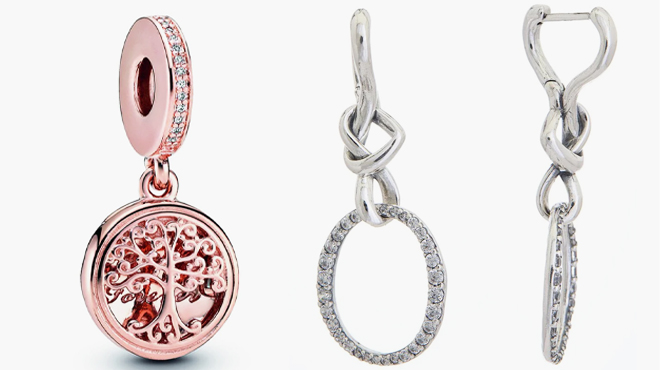 Pandora Moments 14K Rose Gold Plated CZ Openable Family Tree Charm Left Silver CZ Knotted Heart Drop Earrings Right
