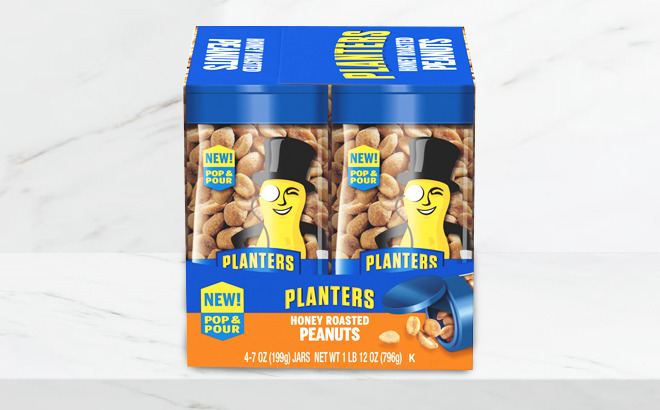 Planters Pop Pour Honey Roasted Peanuts on a White Gray Background Planters Pop Pour Honey Roasted Peanuts on a White Gray Background