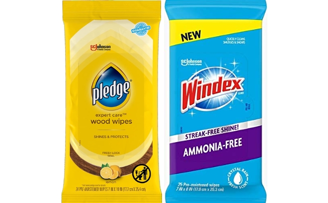 Pledge Multi Surface Furniture Polish Wipes 24 Count on the Left and the Windex Ammonia Free Premoistened Glass Wipes 25 Count on the Right