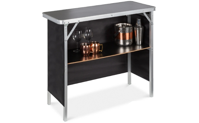 Portable Pop Up Bar Table with Shelf on a White Background