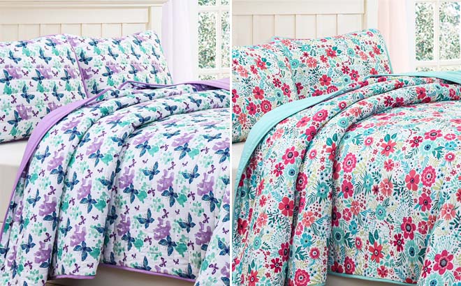 Purple Green Butterflies with Blue Pink Floral Quilt Sets