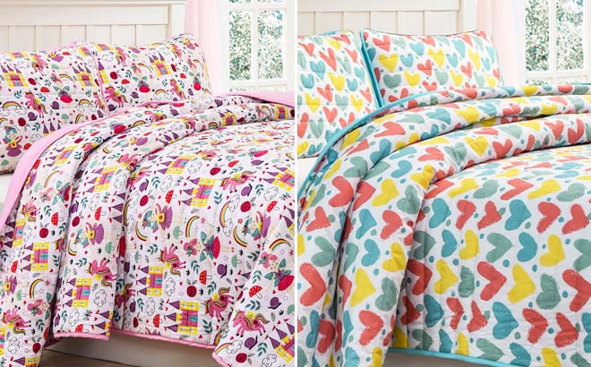 Rainbow Unicorns with Blue Pink Hearts Quilt Sets