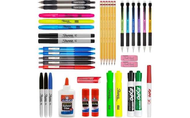 School Supplies 38 Count Variety Pack by Sharpie Expo Paper Mate and Elmers on a White Background School Supplies 38 Count Variety Pack by Sharpie Expo Paper Mate and Elmers on a White Background