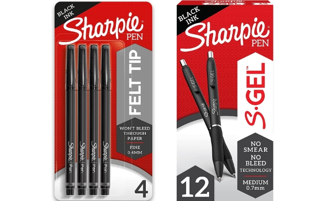 Sharpie Felt Tip Pens 4 Count in Black on the Left and the Sharpe S Gel Gel Pens 12 Count on the Right