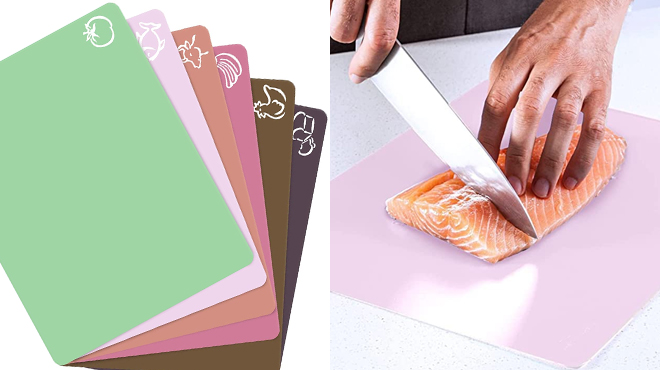 Six Pastel Plastic Cutting Board Mats on the Left and Man Cutting Fish With Knife and Cutting Board on the Left