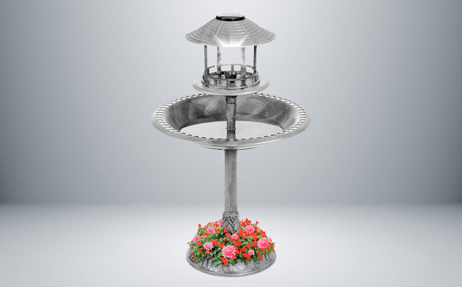 Solar Lighted Outdoor Pedestal Bird Bath w Planter Decorative Bird Cage
