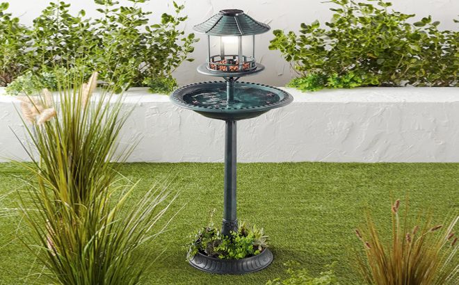 Solar Lighted Outdoor Pedestal Bird Bath with Planter Decorative Bird Cage